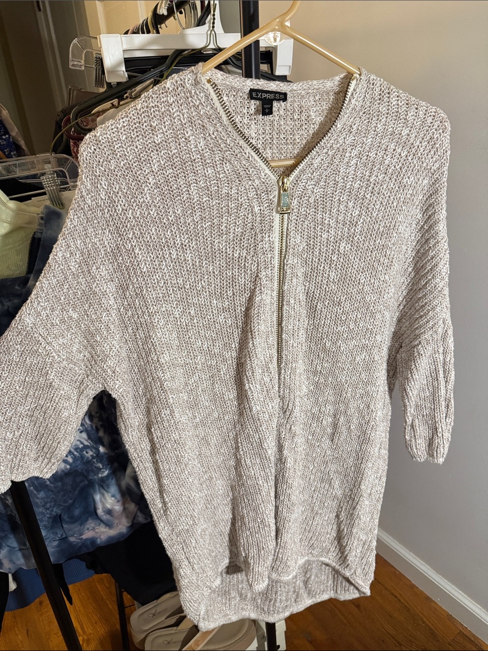 Express Cream Zip-Front Crewneck Knit Sweater